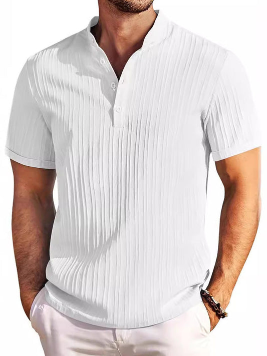 Solid color beach casual stand collar short sleeve button down polo shirt for men