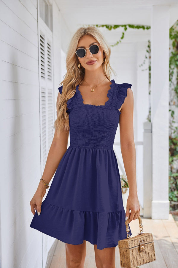 Summer Casual Sleeveless Square Neck Dress 2025 Smocked Ruffle Backless Boho Beach